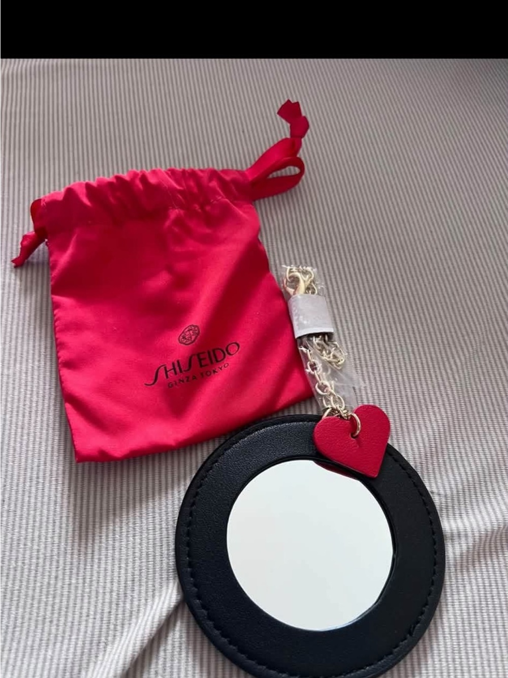 Shiseido Black Round Compact Mirror with Pink Heart Charm